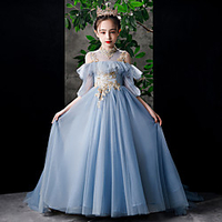 Princess Sweep / Brush Train Event / Party / Formal Evening Flower Girl Dresses - Tulle 3/4 Length Sleeve High Neck with Pleats / Ruffles / Appliques