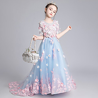 Princess Sweep / Brush Train Wedding / Birthday Flower Girl Dresses - Lace / Tulle Short Sleeve Jewel Neck with Lace / Appliques