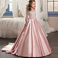 Princess Sweep / Brush Train Wedding / Party / Pageant Flower Girl Dresses - Lace / Satin / Tulle Long Sleeve Jewel Neck with Bow(s)