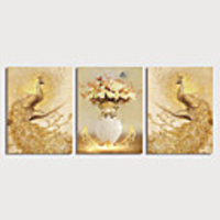 Print Canvas Painting Golden-Peacocks and Flower in Vase Modern Art Prints set of 3 with Stretcher