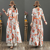printed plus size cotton and linen dress summer original design pure ramie plus size v-neck drawstring slim short-sleeved long skirt miniinthebox
