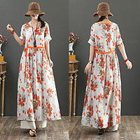 printed plus size cotton and linen dress summer original design pure ramie plus size v-neck drawstring slim short-sleeved long skirt miniinthebox