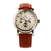 PU Leather Band Crystals Stainless Steel Self-Winding Mechanical Wrist Watch White Brown