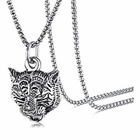 punk rock stainless steel animal tiger head tag pendant charm necklace(white)