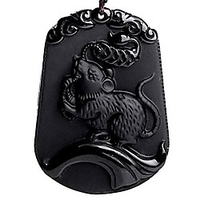 pure natural zodiac necklace pendant made of obsidian gemstone horoscope animal sign amulet (rat-intelligent)