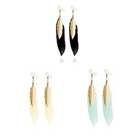real feather design indian style with golden leaf dangle drop earrings (yellowbluegreen)
