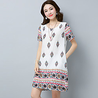 real shot summer new style cotton and linen dress large size loose retro printing short-sleeved mid-length dress miniinthebox
