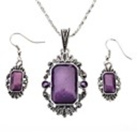 Rectangle Purple Gem Earrings Necklace Jewelry Set