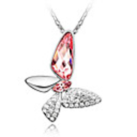 Red Shining Crystal And Platinum Plated Alloy Butterfly Shaped Pendant Necklace