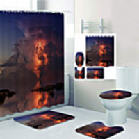 Red Thunderstorm Over The Sea Digital Printing Four-piece Set Shower Curtains and Hooks Modern Polyester Machine Made Waterproof Bathroom