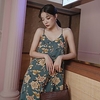 retro v-neck mid-length floral small man holiday dress female off-shoulder print inner base suspender skirt summer miniinthebox