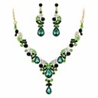 rhinestone crystal bridal floral wave teardrop necklace earrings set green gold-tone