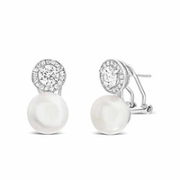 rhodium plated sterling silver freshwater cultured pearl and cubic zirconia stud halo earrings for women with omega back (white)