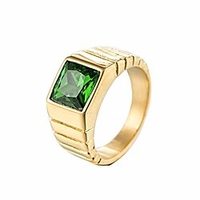 Ring Band Men Stainless Steel Ladder Gold with Green Stone Ring Size T 1/2
