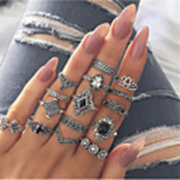 Ring Set Retro Silver Alloy Drop Flower Lotus Vintage European Fashion 15pcs / Women