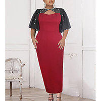 round neck cape sleeve splicing beaded party dress plus size women