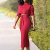 round neck five-point sleeve short blouse high waist skirt with belt women