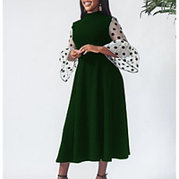 round neck stitching see-through organza flared sleeve party dress plus size women
