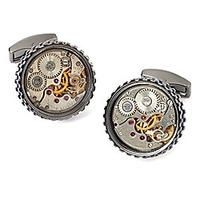 round skeleton gear cufflinks with enamel edge,  gunmetal and blue