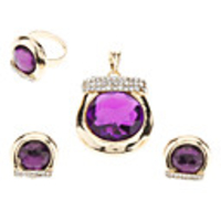 Roundness Gem Earring and Pendant Ring Jewelry SetFive Leaf Pattern Amethyst Earring brooch Jewelry Set
