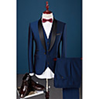 Royal Blue Solid Colored Slim Fit Cotton / Polyester / Spandex Suit - Shawl Collar Single Breasted One-button / Suits