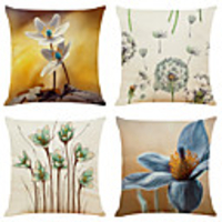 Set of 4 Art Flower Linen Square Decorative Throw Pillow Cases Sofa Cushion Covers 18x18