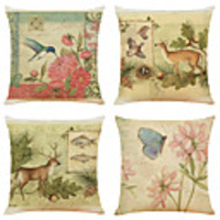 Set of 4 Art Garden Linen Square Decorative Throw Pillow Cases Sofa Cushion Covers 18x18