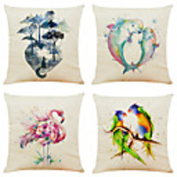 Set of 4 Art Watercolor Animal Linen Square Decorative Throw Pillow Cases Sofa Cushion Covers 18x18