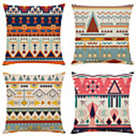 Set of 4 Bohemian Style Linen Square Decorative Throw Pillow Cases Sofa Cushion Covers 18x18
