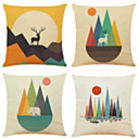 Set of 4 Color Geometry Linen Square Decorative Throw Pillow Cases Sofa Cushion Covers 18x18
