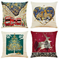 Set of 4 Colorful Christmas Linen Square Decorative Throw Pillow Cases Sofa Cushion Covers 18x18