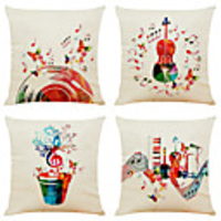 Set of 4 Colorful Music Linen Square Decorative Throw Pillow Cases Sofa Cushion Covers 18x18