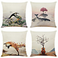 Set of 4 Creative Decorative Painting Linen Square Decorative Throw Pillow Cases Sofa Cushion Covers 18x18