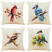 Set of 4 Creative Watercolor Bird Linen Square Decorative Throw Pillow Cases Sofa Cushion Covers 18x18