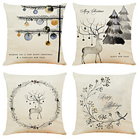Set of 4 Ink Christmas Linen Square Decorative Throw Pillow Cases Sofa Cushion Covers 18x18