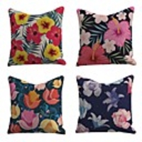 Set of 4 Linen Cotton / Linen Pillow Cover Pillowcase Sofa Cushion Square Throw Pillow Rainforest Colorful Beautiful Flowers Pillows Case 4545cm