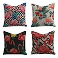 Set of 4 Linen Cotton / Linen Pillow Cover Pillowcase Sofa Cushion Square Throw Pillow Rainforest Colorful Beauty Flamingo Pillows Case 4545cm