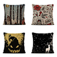 Set of 4 Linen Pillow Cover Cartoon Traditional Christmas Throw Christmas Hat Snowflake Elk Christmas Gift Pillow 4545cm