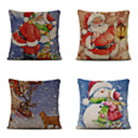 Set of 4 Linen Pillow Cover Cartoon Traditional Christmas Throw Christmas Snowflake Santa Claus Pillow 4545cm