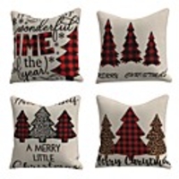 Set of 4 Linen Pillow Cover Special Design Cartoon Traditional Christmas Throw Christmas Tree Pillow 4545cm