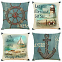 Set of 4 Nautical Anchor Linen Square Decorative Throw Pillow Cases Sofa Cushion Covers 18x18