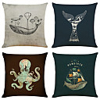 Set of 4 Ocean Animal Linen Square Decorative Throw Pillow Cases Sofa Cushion Covers 18x18