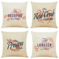 Set of 4 Personalized Seafood Linen Square Decorative Throw Pillow Cases Sofa Cushion Covers 18x18