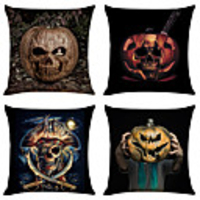 Set of 4 Pumpkin Halloween Linen Square Decorative Throw Pillow Cases Sofa Cushion Covers 18x18