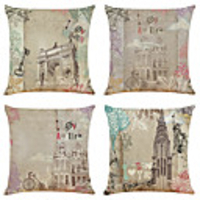 Set of 4 Retro Building Linen Square Decorative Throw Pillow Cases Sofa Cushion Covers 18x18