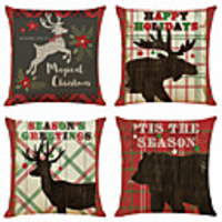 Set of 4 Retro Xmas Linen Square Decorative Throw Pillow Cases Sofa Cushion Covers 18x18