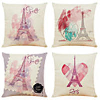 Set of 4 Romantic Paris Eiffel Tower Linen Square Decorative Throw Pillow Cases Sofa Cushion Covers 18x18