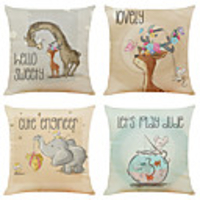 Set of 4 Simple And Cute Animal Linen Square Decorative Throw Pillow Cases Sofa Cushion Covers 18x18