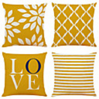 Set of 4 Simple Geometric Floral Print Linen Square Decorative Throw Pillow Cases Sofa Cushion Covers 18x18
