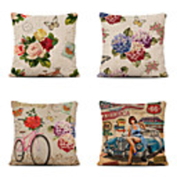 Set of 4 Vintage Christmas Linen Square Decorative Throw Pillow Cases Sofa Cushion Covers 18x18